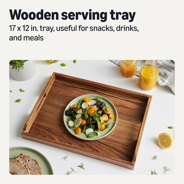 Amazon Basics Wooden Serving Tray, 17" x 12" Acacia Wood Decorative Tray Platter With Built-in Handles for Breakfast in Bed, Food & Drinks, Entertaining, Coffee Table & Ottoman