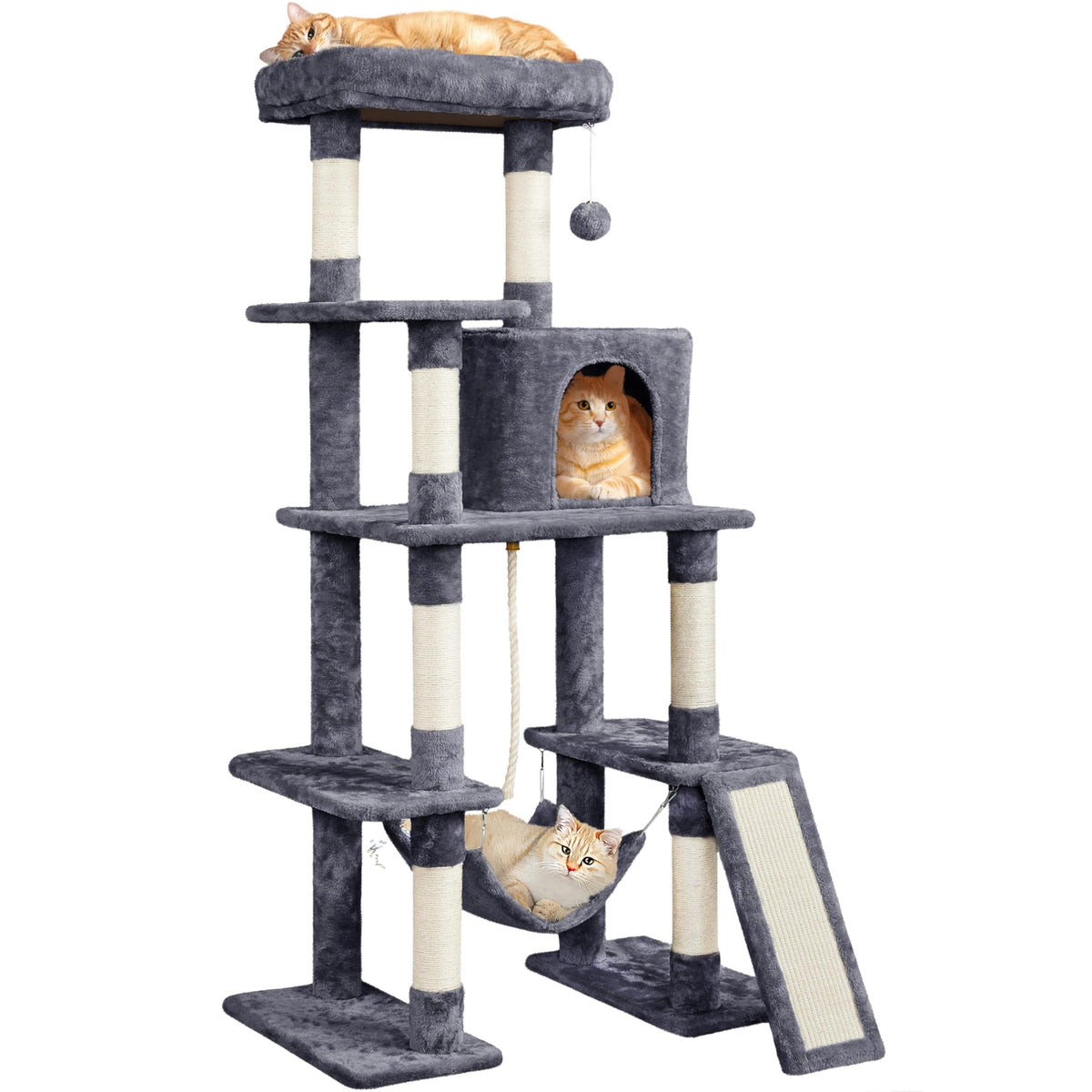 Yaheetech 63in Large Cat Tree for Heavy Cats up to 22lbs, Anti-Wobble Tower with Condo & Hammock, Space-Saving for Indoor Multi-Pet Households, Stops Furniture Scratching