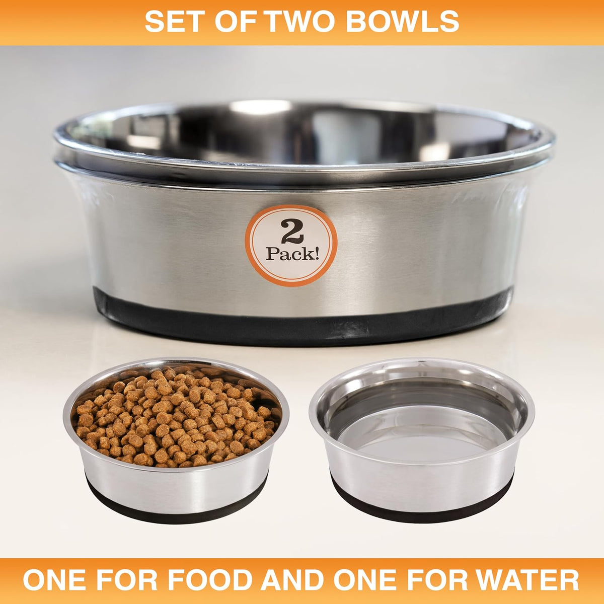 Neater Pet Brands Stainless Steel Dog Bowls with Non-Slip Rubber Bottom – Set of 2, 6 Cup (48 oz), Black - Heavy Duty Metal Dog Bowl, Dishwasher Safe, Food or Water Bowl, Ideal for Large Dogs
