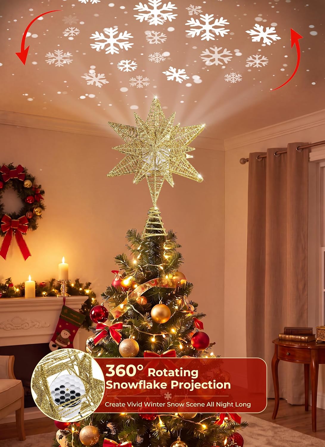 Brightown 12" Gold Christmas Star Tree Topper, Rotating Snowflake Projector