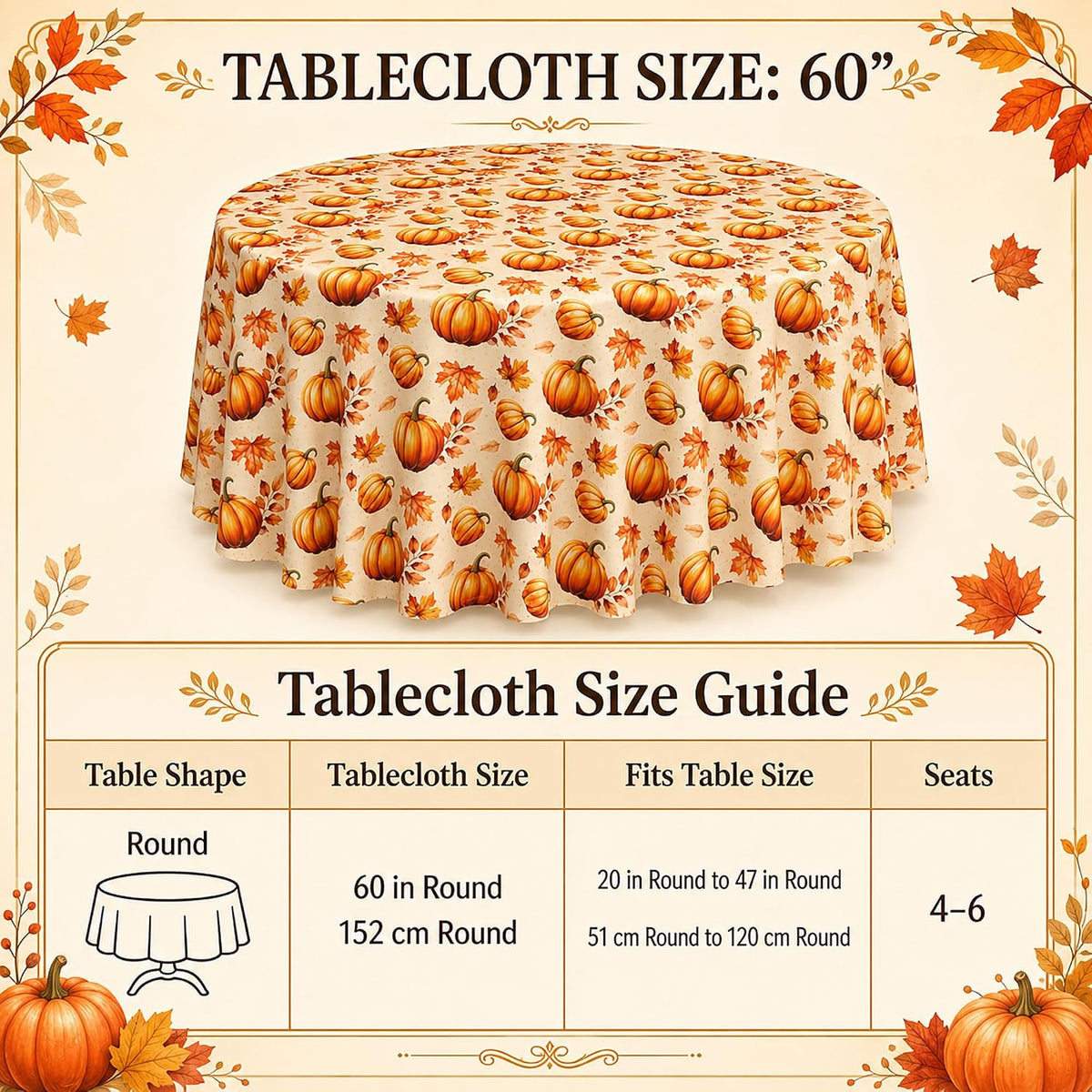 Fall Tablecloth Round 60 Inch Pumpkin Maple Leaf Thanksgiving Table Cloth
