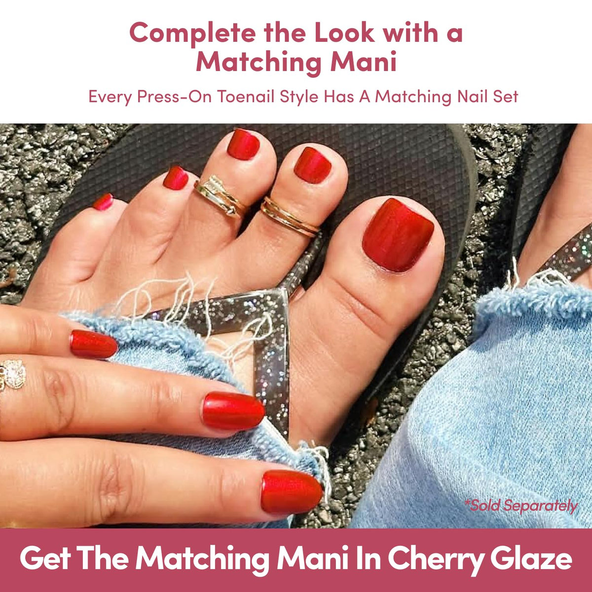 Glamnetic Press On Toenails - Natural Fake Nails | Cherry Red Chrome Press On Toenails, Salon Quality Press On Nails Kit with Glue | Cherry Glaze - 32 Nail Set in 16 Sizes