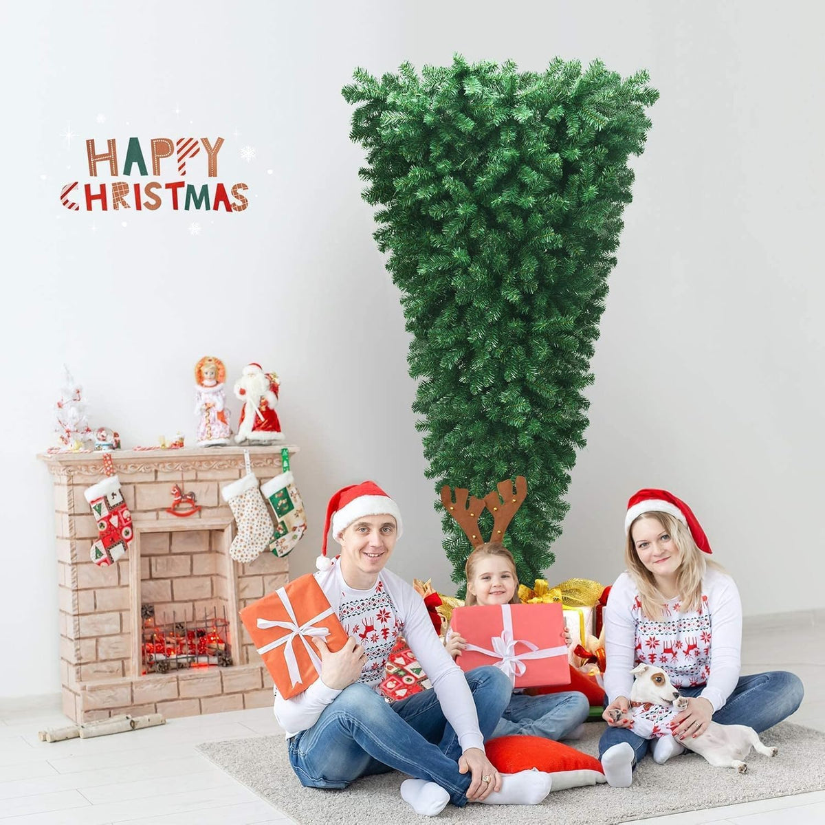 HAPPYGRILL 7ft Upside Down Christmas Tree, Artificial Xmas Tree with 1000 Branch Tips, Metal Stand, Green Inverted PVC Tree for Home Holiday Decoration