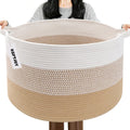 Large Woven Blanket Basket,65L Cotton Rope Laundry Basket Hamper with Handles, Decorative Nursery Basket Storage Bin for Toys, Clothes Organizer, Living Room, Bedroom, Bathroom, White & Brown