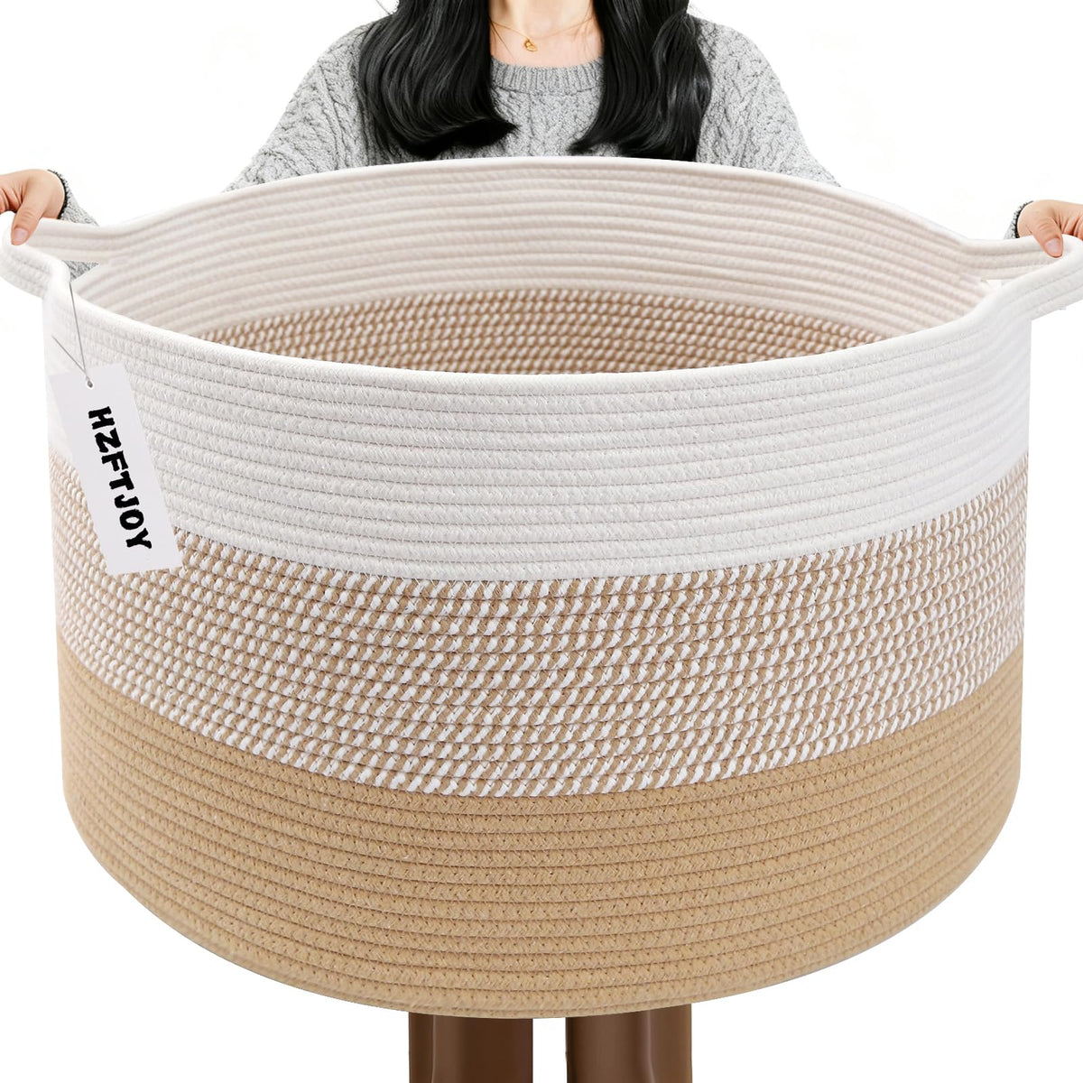 Large Woven Blanket Basket,65L Cotton Rope Laundry Basket Hamper with Handles, Decorative Nursery Basket Storage Bin for Toys, Clothes Organizer, Living Room, Bedroom, Bathroom, White & Brown