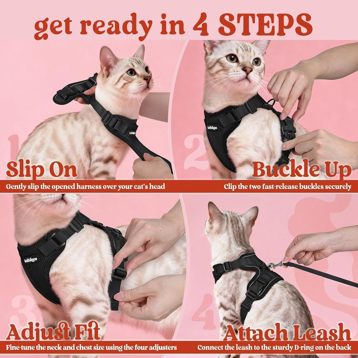 rabbitgoo Cat Harness and Leash Set, Escape Proof Vest, Black | Soft Breathable Mesh, Easy Adjustable Fit, Snap Buckles, Sturdy Clip, Reflective Strips, for Small & Average Cats Walks, Xs