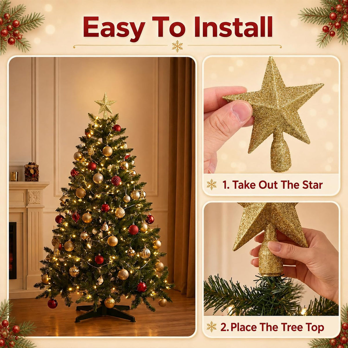 Christmas Tree Star Topper, 4 Inch Glitter Gold Star Mini Tree Topper
