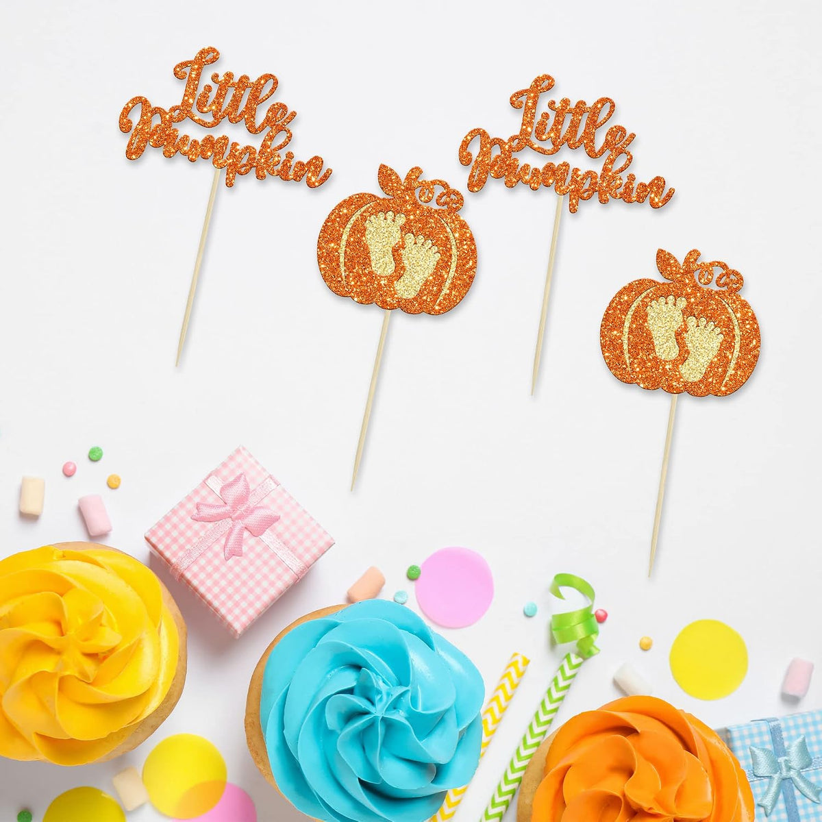 24pc Little Pumpkin Cupcake Toppers - Glitter Pumpkin Cupcake Picks - Baby Shower Decorations - Fall Harvest Theme - Kids Birthday Party Supplies