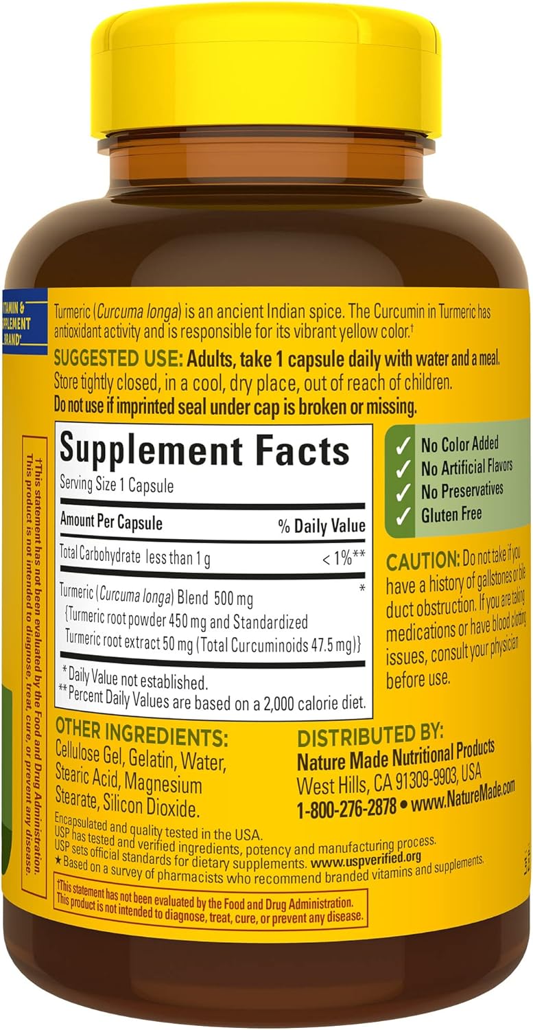 Nature Made Turmeric Curcumin 500 mg, Turmeric Curcumin Supplement for Antioxidant Support, Herbal Supplements, 120 Capsules, 120 Day Supply