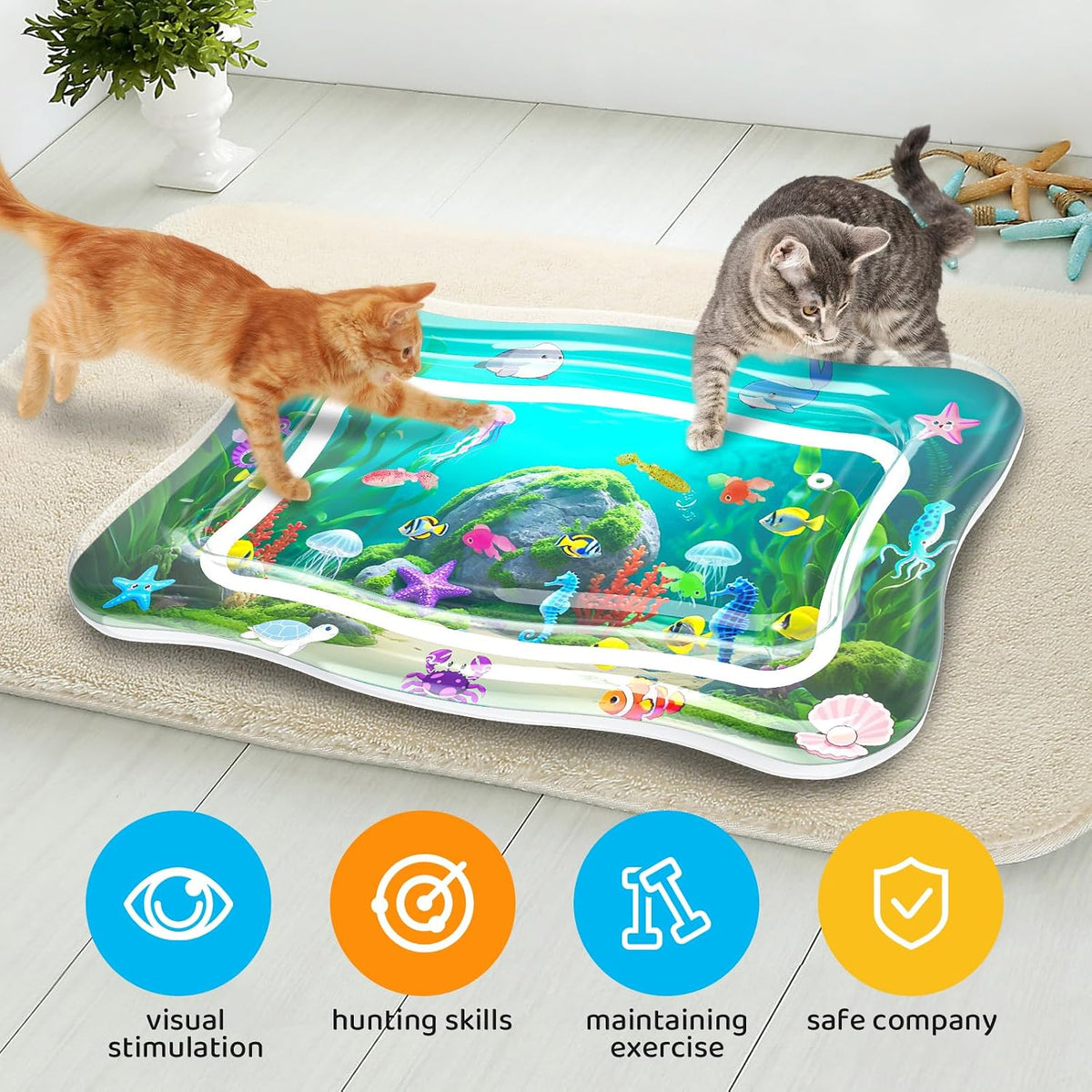 Interactive Cat Toy for Indoor Cats, Upgraded Cat Water Mat, Thickened Water Sensory Play Mat with Fish, Enrichment Stimulating Toy for Bored Adult Kitten Cats to Exercise, Hunting