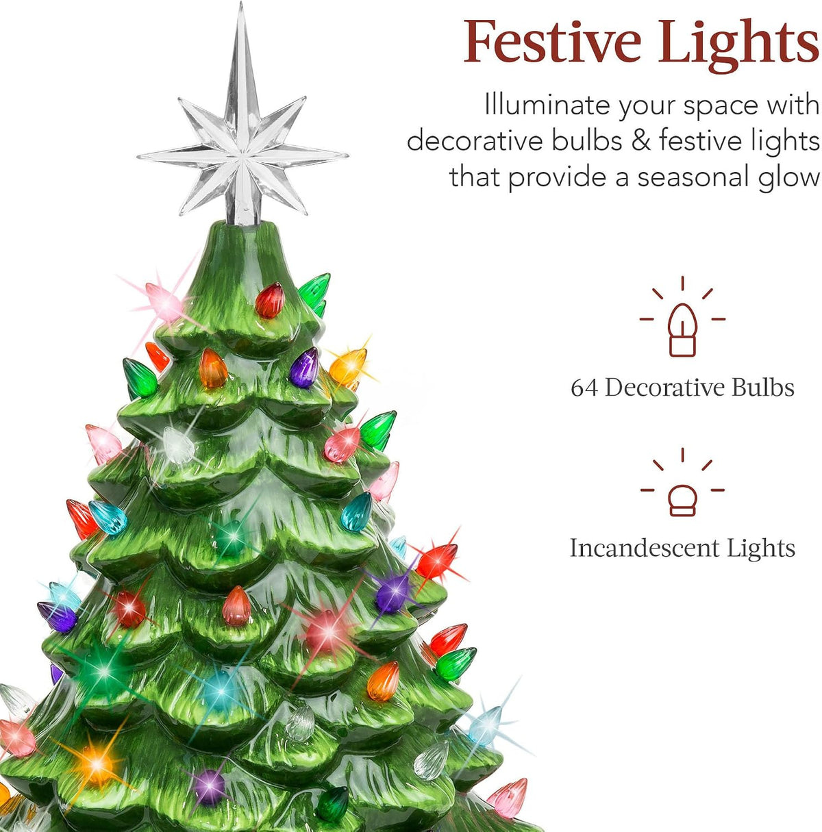 Best Choice Products 15in Ceramic Christmas Tree, Pre-lit Hand-Painted Tabletop Holiday Tree, Star Topper, 64 Lights - Green w/Multicolored Bulbs