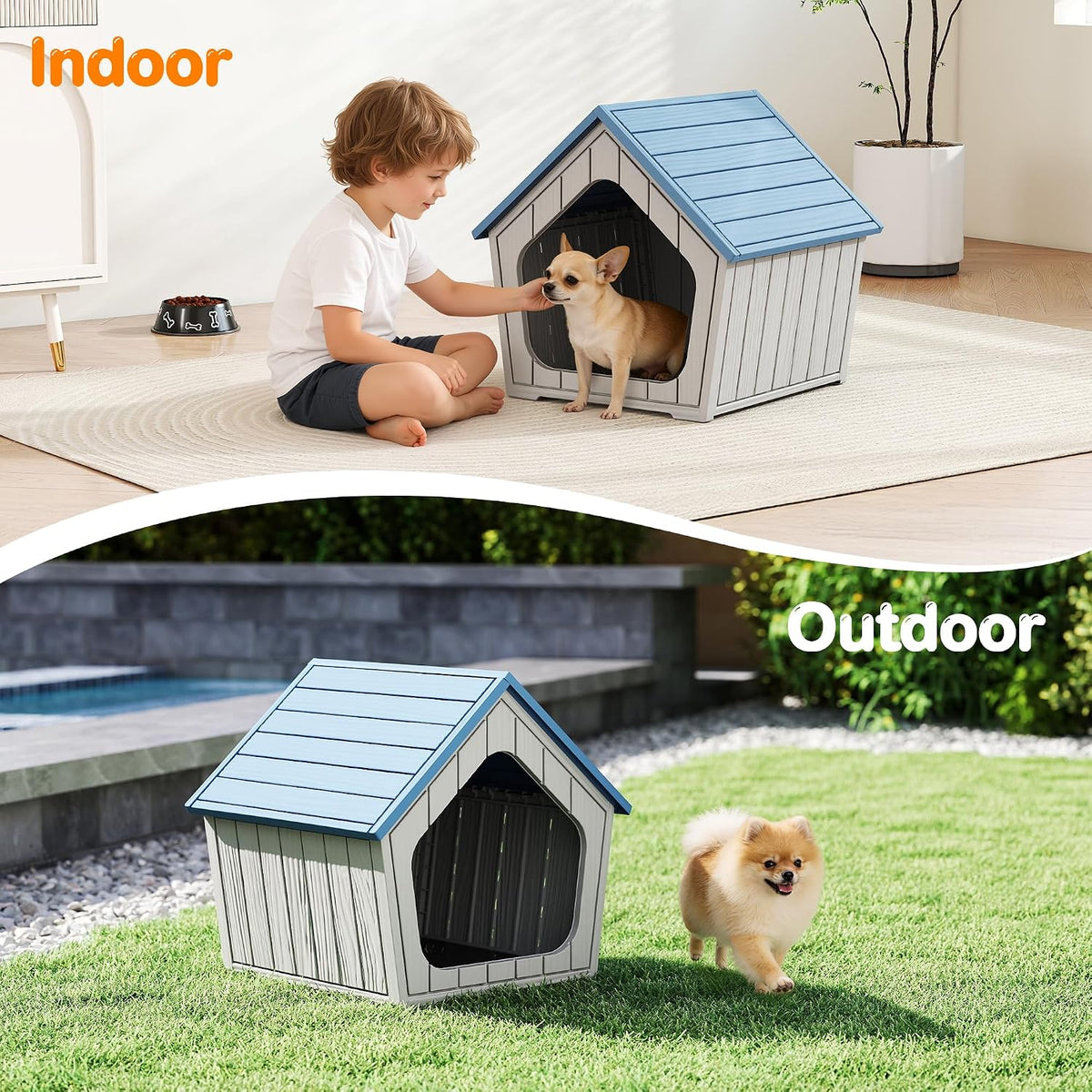 Bifanuo Dog House Outdoor Indoor for Small Dogs - Plastic Pet Shelter, Easy-Assemble & Weather-Resistant for Living Room, Balcony (Blue, 18" L x 22.4" W x 22.2" H)