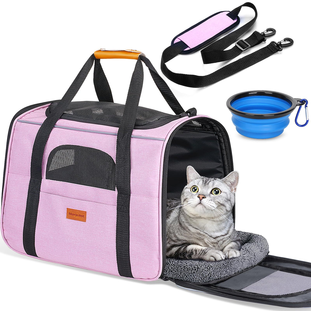 Morpilot Pet Carrier for Large Cats, Puppies & Small Dogs Up to 25lbs, Escape-Proof with Locking Zippers, Dual-Sided Cushion, Safety Buckle for Car & Vet Travel, Includes Foldable Bowl (Dark Gray)