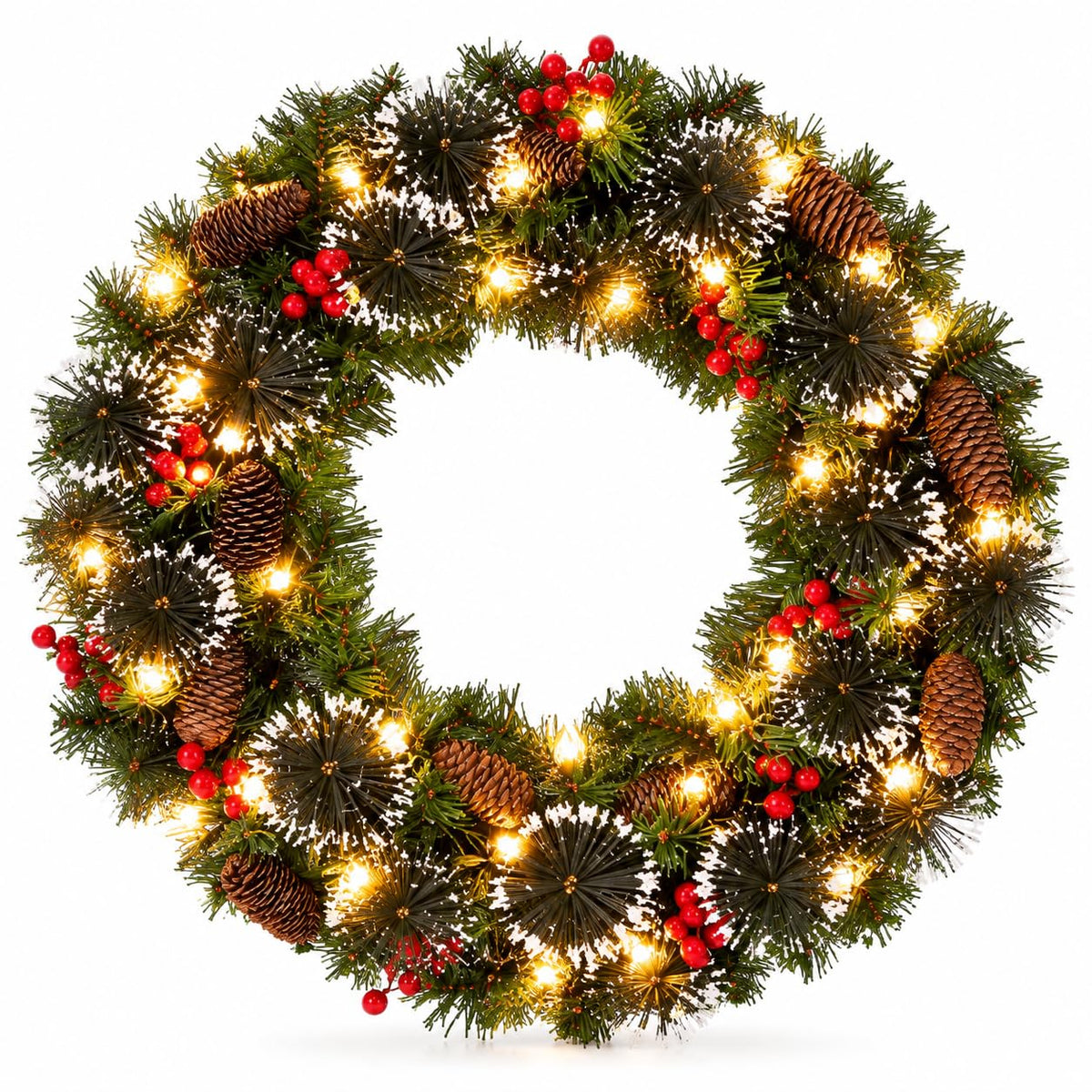 36in Large Pre-Lit Christmas Wreath with Bow, Artificial Greenery