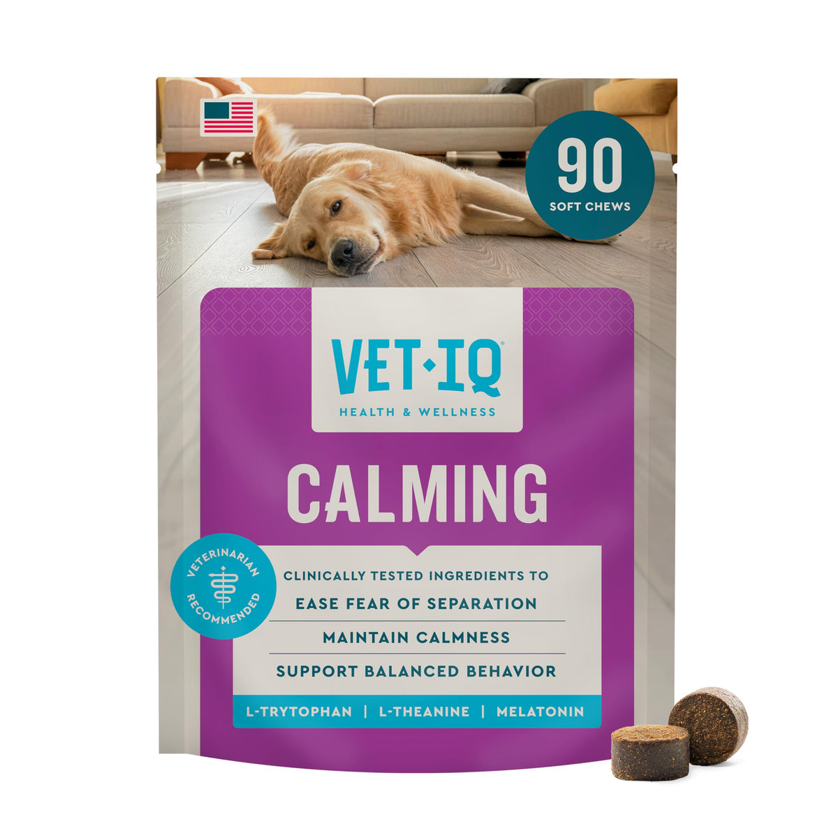 VetIQ Calming Support Supplement for Dogs, Calming Chews Help Manage Stress and Promote Relaxation, Anxiety Relief for Dogs, Made in the USA, 60 Count