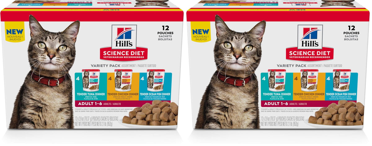 Hill's Science Diet Adult 1-6 Wet Cat Food Variety Pack, Chicken, Tuna, & Ocean Fish, 2.8 oz. Pouches, 12-Pack