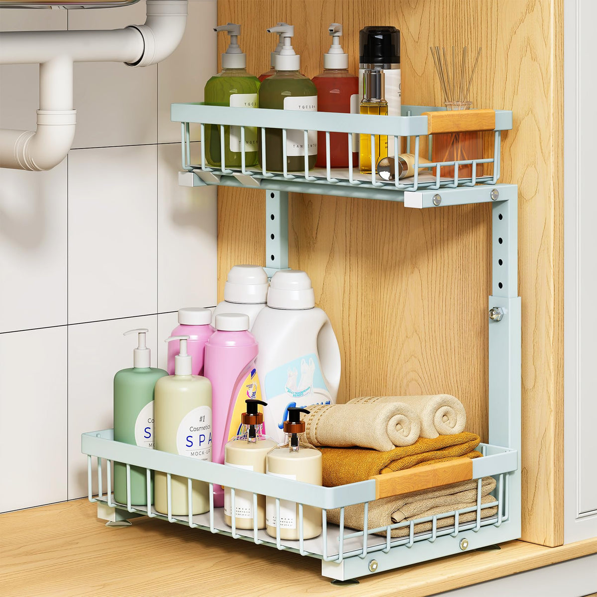 PXRACK Under Sink Organizer, Adjustable Height, 2 Tier Pull Out Under Cabinet Organizer, Slide Out Thickened Metal Under Sink Storage for Kitchen Bathroom Laundry Pantry Cabinet, White, Large-2-Pack