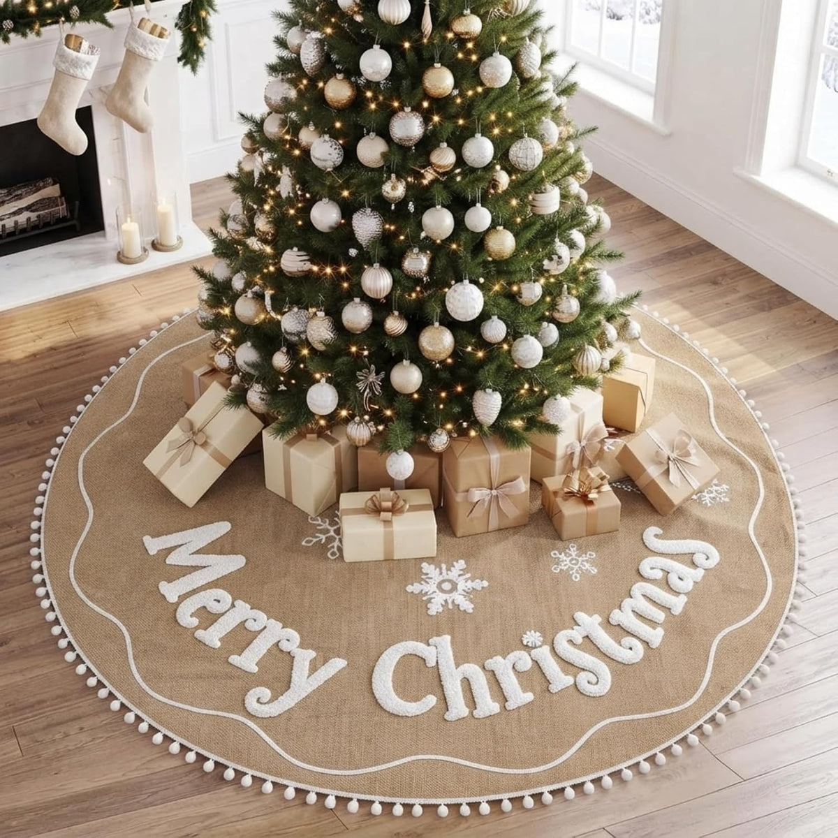 Burlap Christmas Tree Skirt Khaki Embroidered Christmas Tree Mat