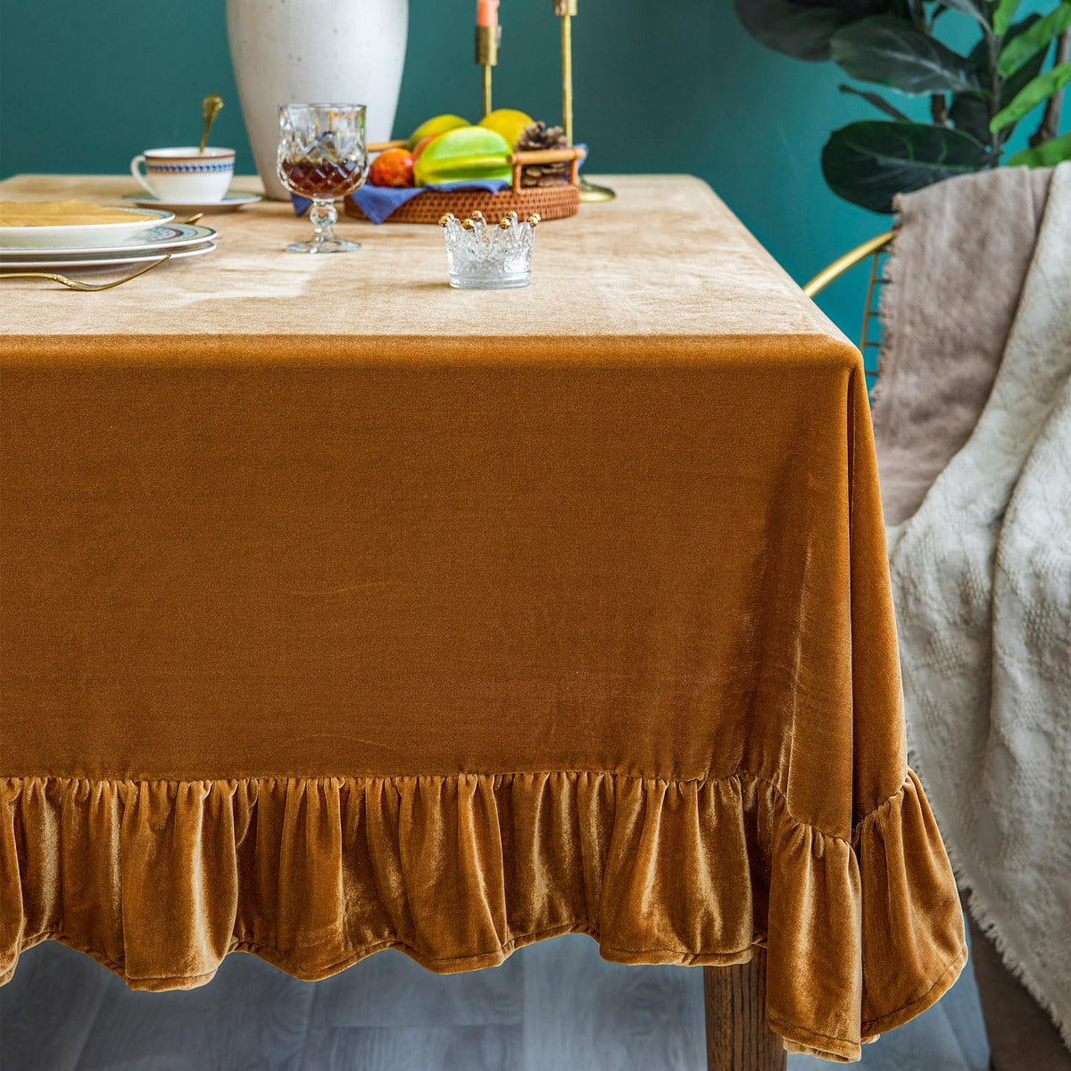 GLORY SEASON Velvet Tablecloth Luxurious Solid Rectangle Table Cloth,Oblong Retro Farmhouse Ruffle Tablecloths Washable Table Cover for Party Olive Green,52x70 Inches