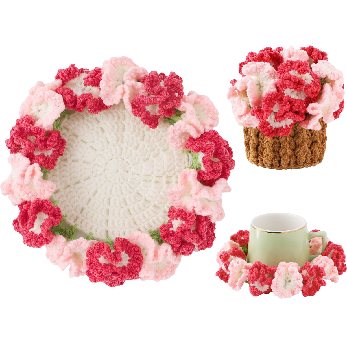 Crochet Flower Coasters, Handmade Bouquet Coasters with Crochet Plant Pot (Sunflower Yellow, 1Pc)