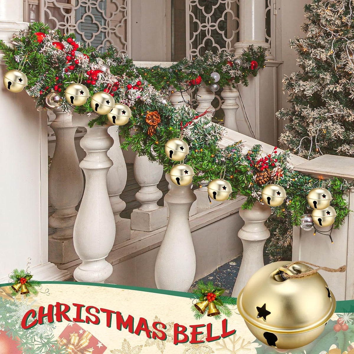 Zhengmy 16 Pcs Large Christmas Jingle Star Bell Xmas Ornament, Gold
