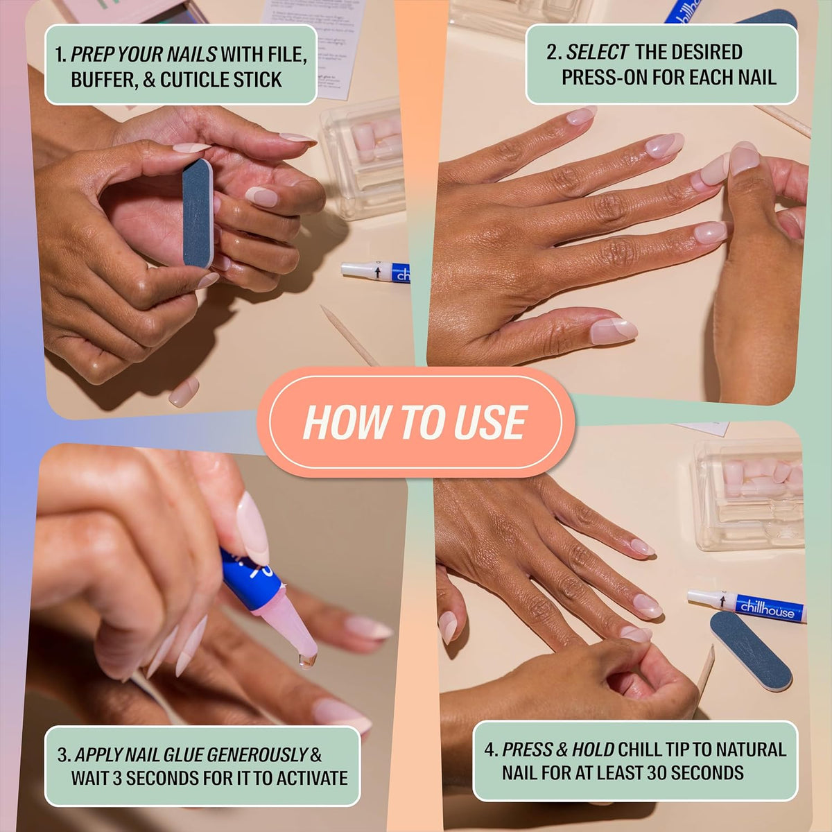 Chillhouse - Chill Tips, French Tip Press On Nails Kit - Going to the Barre (Oval) - 30 Nail Shapes & Sizes - 2 Weeks of Wear - Customizable Fit - French Manicure Kit - Women Owned, Beauty & Self Care