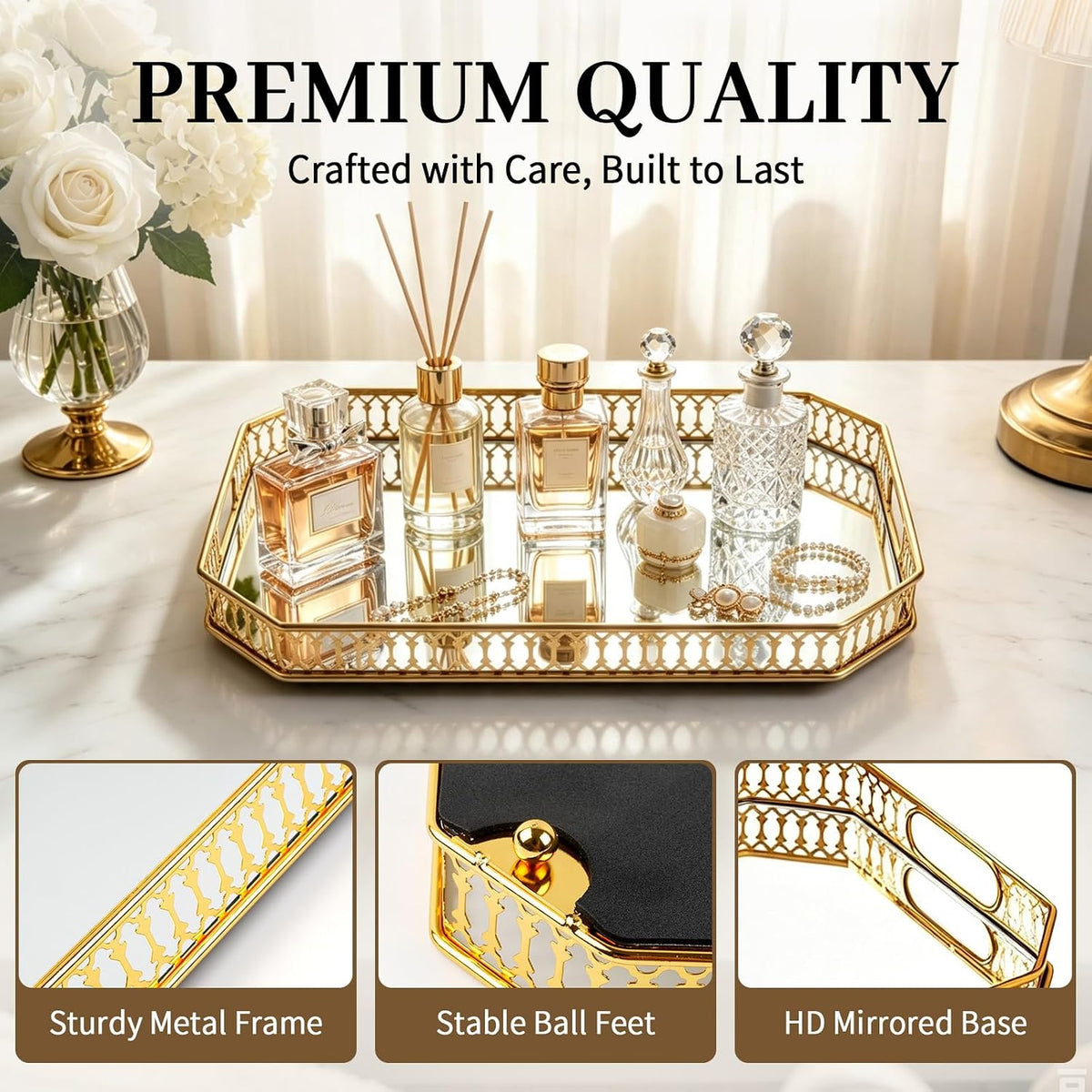 2 PCS Bar Cart Tray, Gold Mirror Tray with Handles for Home Decor