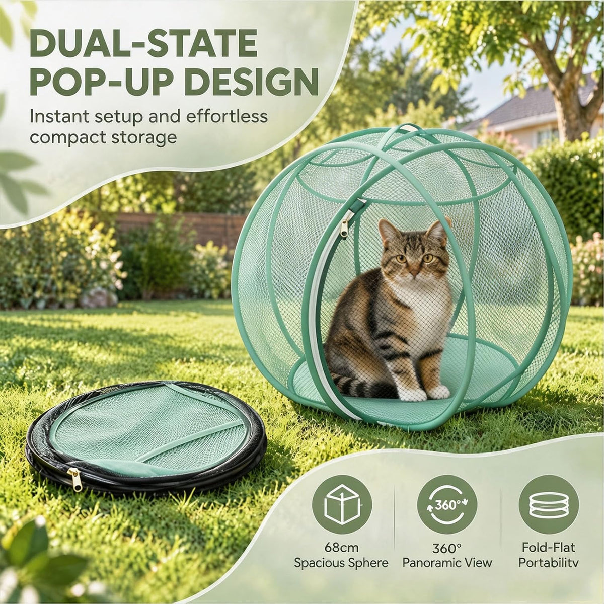 Outdoor Cat Enclosure, Giant Cat Hamster Ball for Outside, Mesh Ball Cat Cage, 360 Panoramic Rolling Cat Playpen, Foldable Breathable Mesh Pet Playpen with Zipper, Cat Outdoor Ball Cage