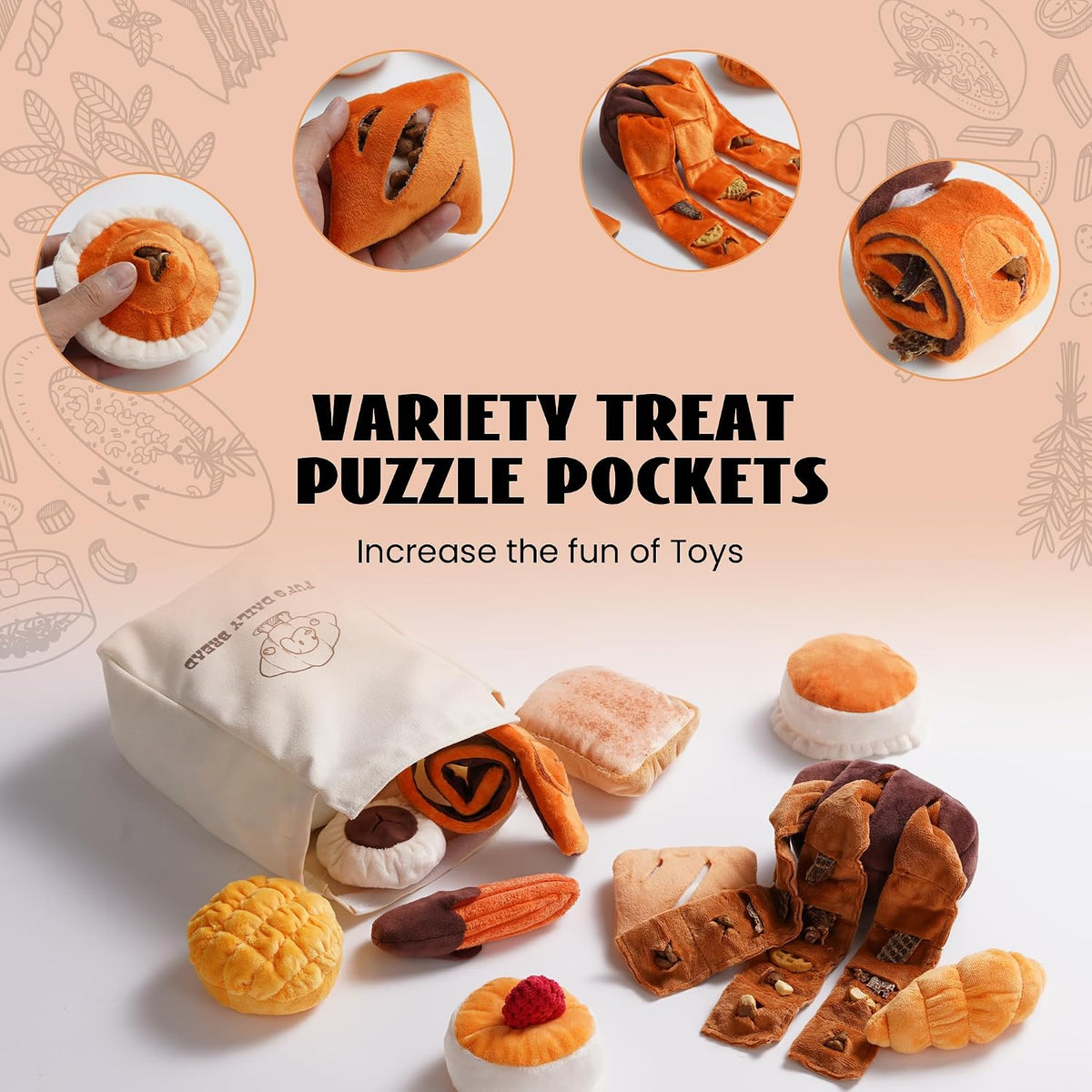 Nocciola Squeaky Bread Stuffed Dog Toys Pack - Puppy Toys with Grocery Bag to Keep Them Busy, Small Dog Toys for Boredom, Durable Snuffle Dog Toys for Small Medium Breeds Pet Gift