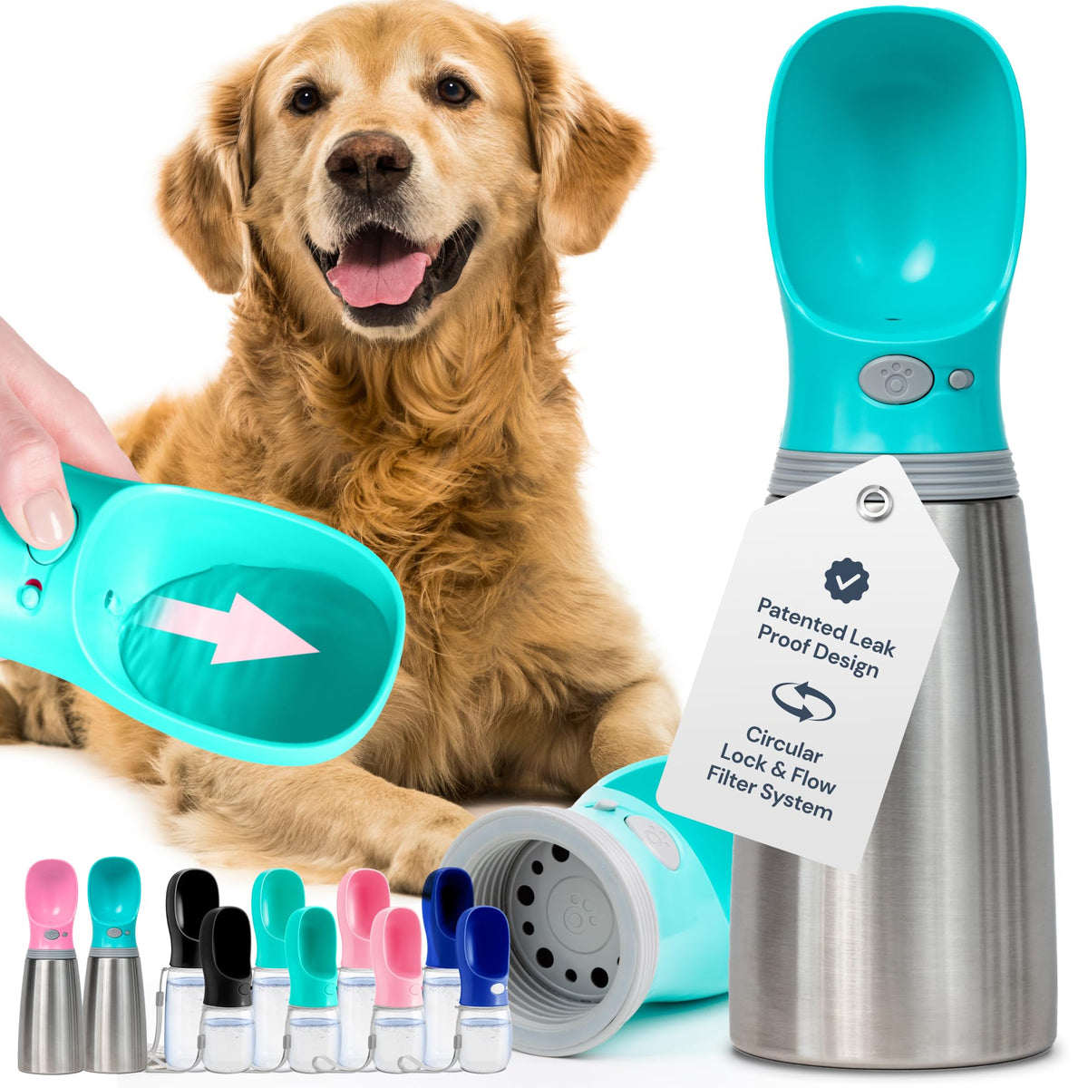 MalsiPree Leak-Proof Portable Dog Water Bottle for Travel - 19 oz, with Pink Bowl - Food Grade Plastic - Dog Bowls - Puppy Essentials - Pet Water Bottle for Trail Hiking, Park Visit & Beach Days