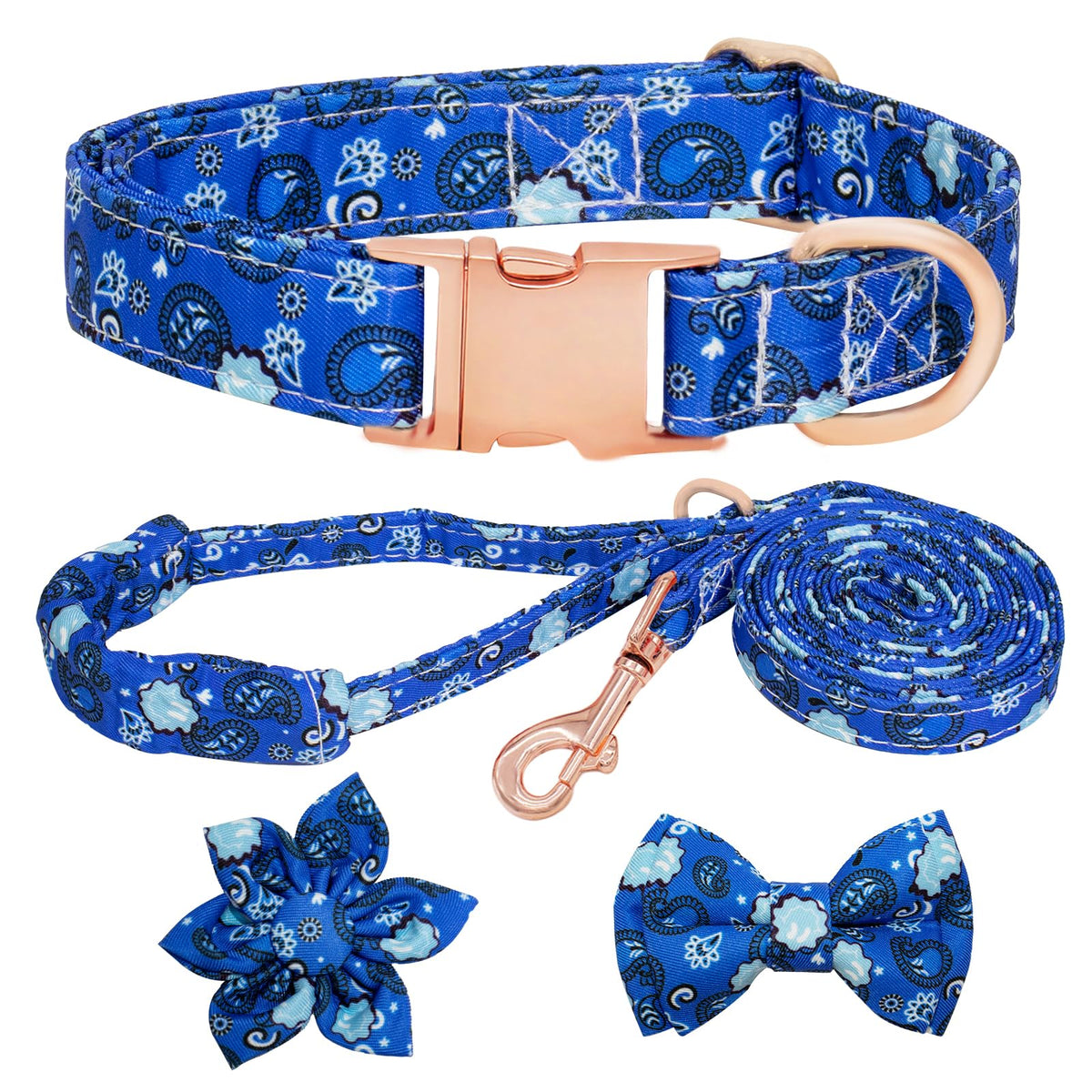 Dog Collar and Leash Set Girls Adjustable Puppy Collars with Floral Bow Tie for Small Medium Large Female Dogs, Orange Flower, XS