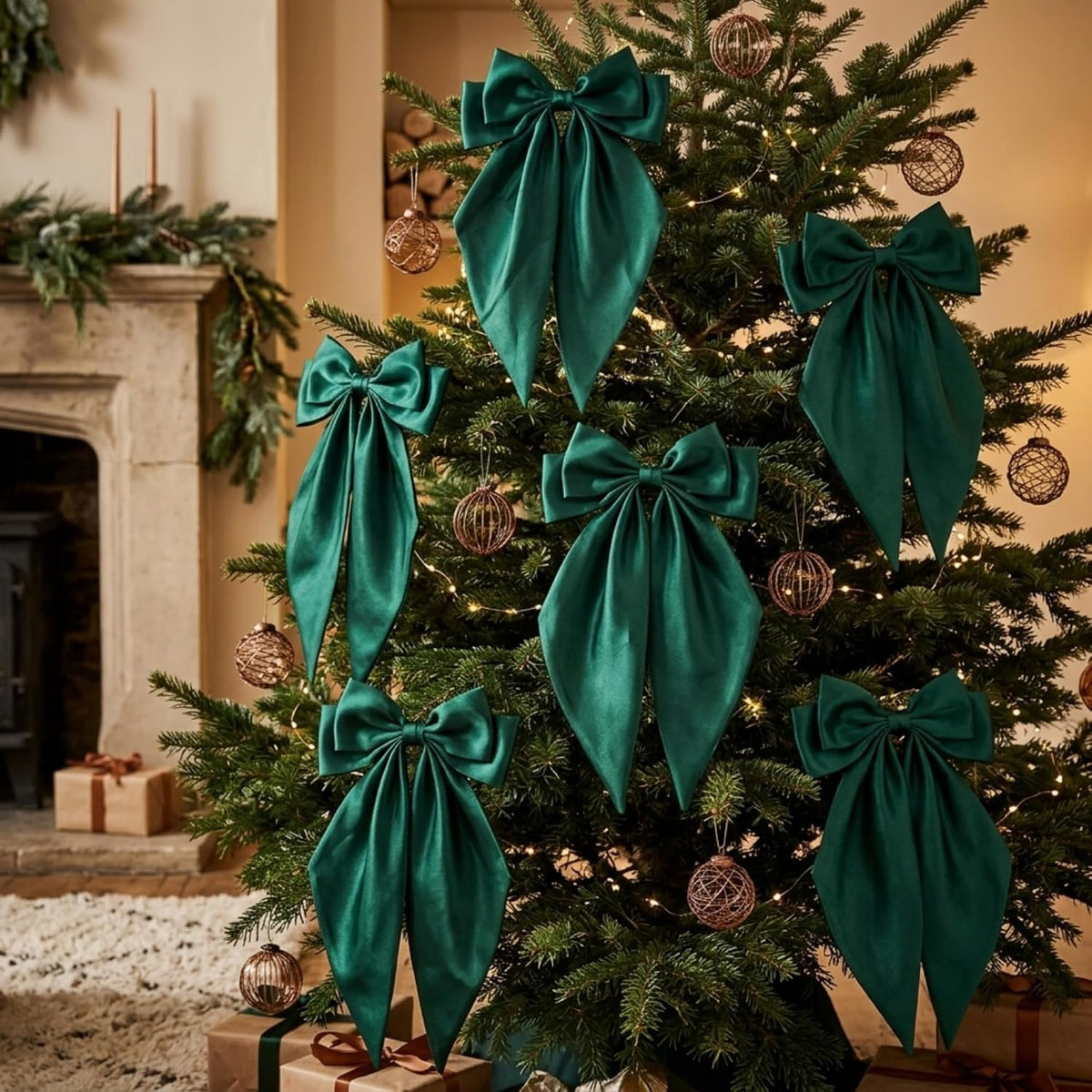 Thiccywoov 12 Pcs Satin Bow for Christmas Tree, Dark Green Long Tail Bows