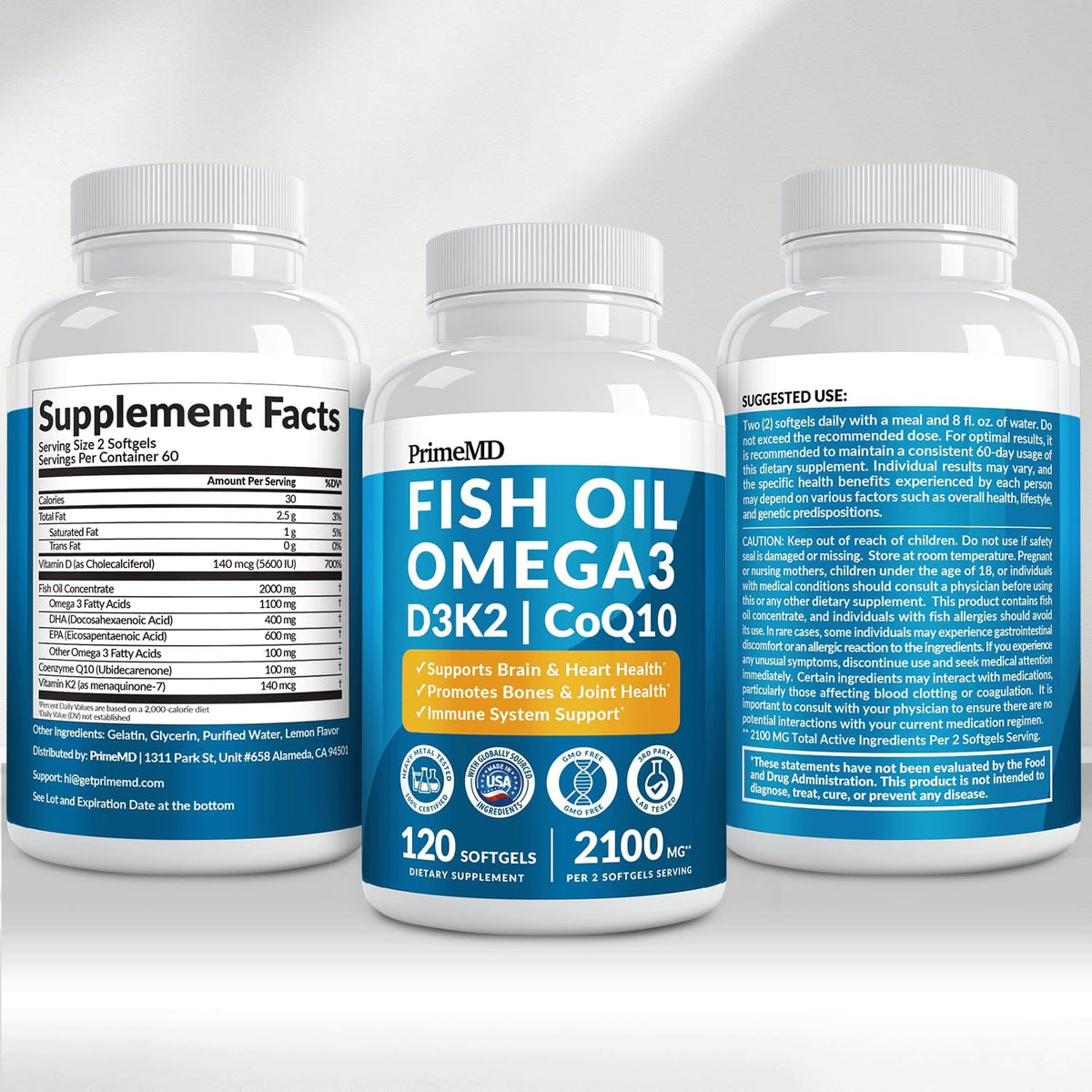 5-in-1 Fish Oil Omega 3 Supplements (2100mg) - Fish Oil with Vitamins D3 & K2 and CoQ10 - EPA DHA Omega 3 Supplement - Lemon Flavored Fatty Acid Supplements, Pack of 2