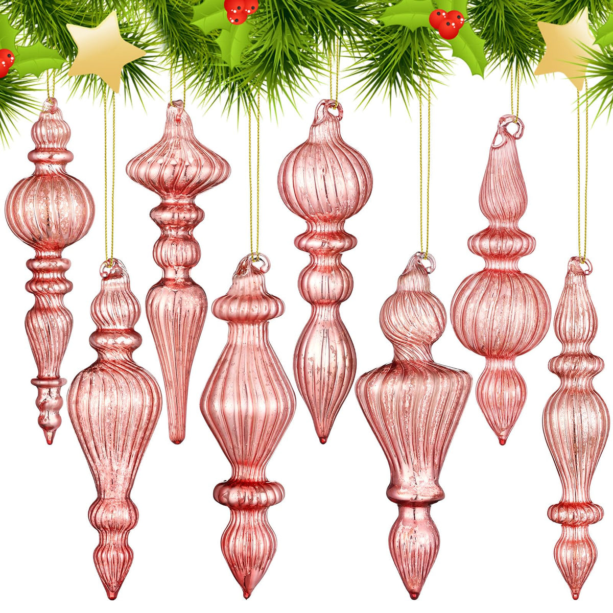 Mifoci 8 Pcs 6 Inch Mercury Glass Finial Christmas Ornaments,Red