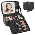 Relavel Travel Makeup Bag With LED Mirror, Cosmetic Train Case with Light up Mirror, Portable Makeup Artist Organizer Bag with Adjustable Dividers, Makeup Brush Holder Storage, Black