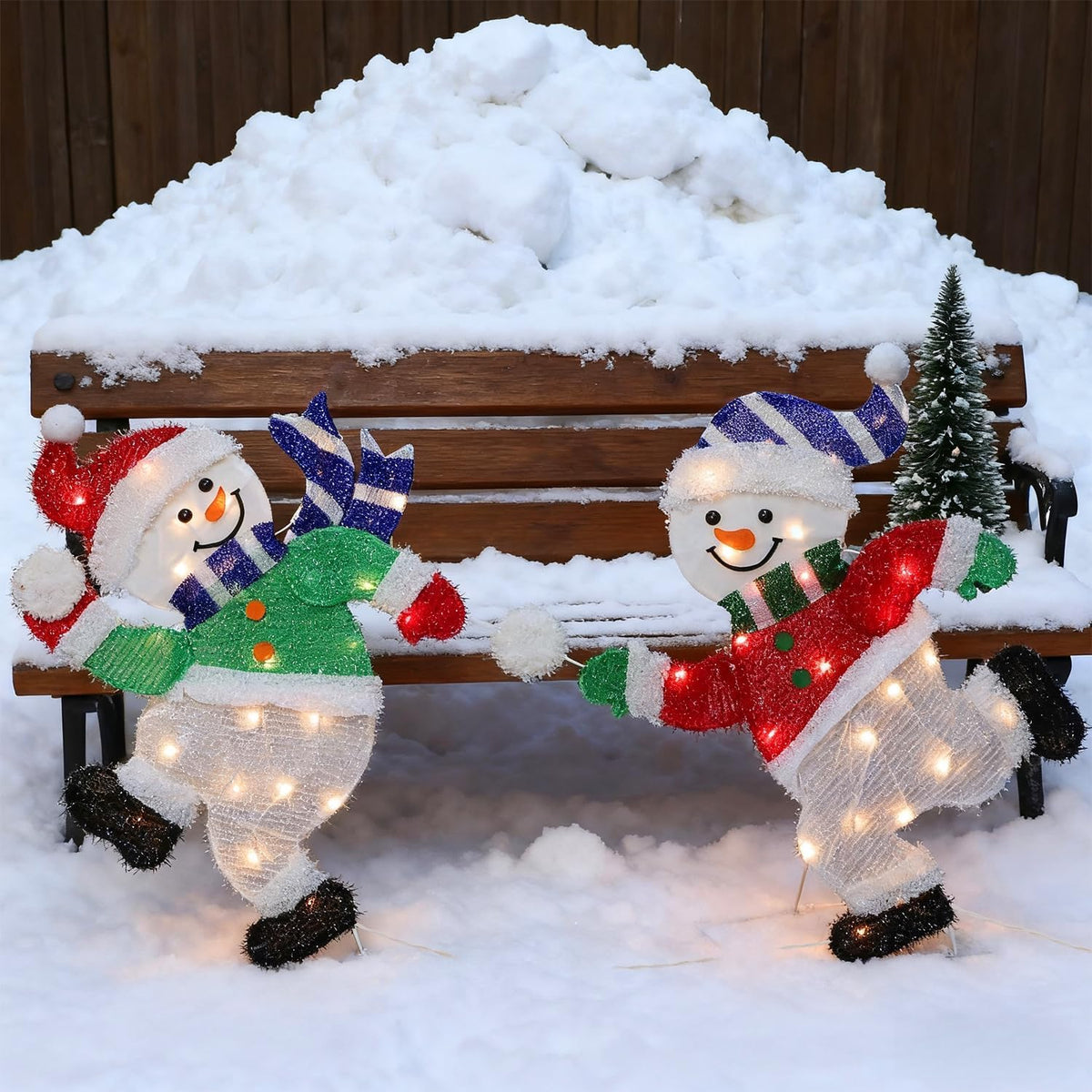 Set of 2 Lighted Snowmen Christmas Decorations, Pre-Lit 2D Tinsel Cute Snowman Snowball Fight with Lights, Light Up & Plug in for Indoor Outdoor Xmas Winter Holiday Yard Lawn Garden Decor