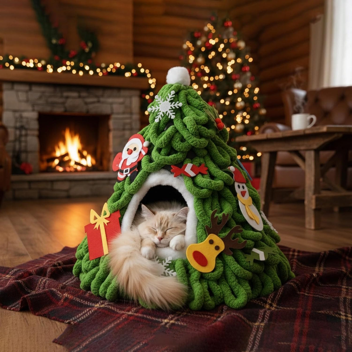 PETKARAY Christmas Tree Cat Cave Bed for Indoor Cats, Cozy Felt Cat House