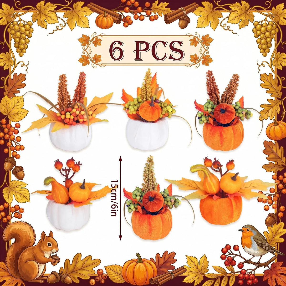 Velvet Fall Pumpkin Decor 6 Pcs, Artificial Fake Plastic Mini Pumpkins, Thanksgiving Halloween Home Table Indoor Decorations
