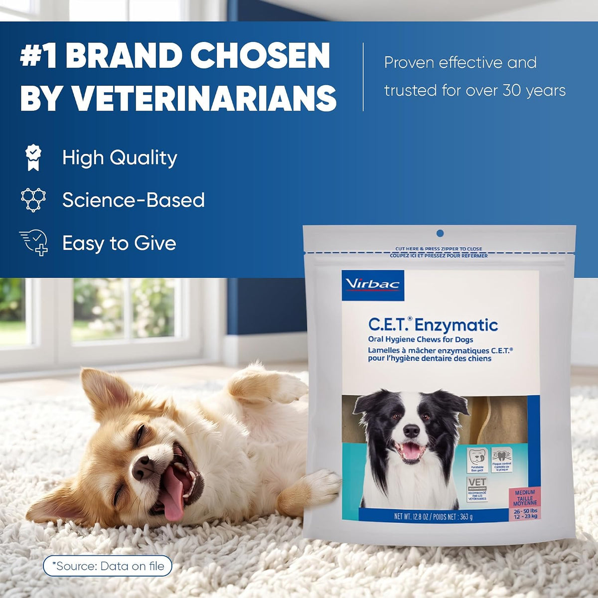 Virbac C.E.T.® Enzymatic Oral Hygiene Chews for Dogs, Medium - Plaque & Tartar Control - Single Layer Beefhide with Exclusive Dual-Enzyme System & Tasty Chicken Flavor - Easy to Give Dog Dental Chew