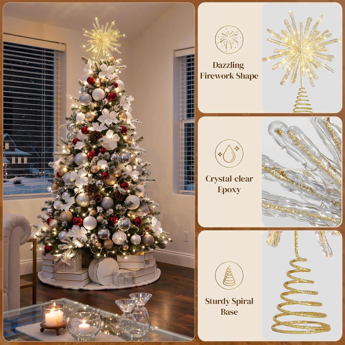 Lewondr Crystal Firework Christmas Tree Topper with Lights, Gold