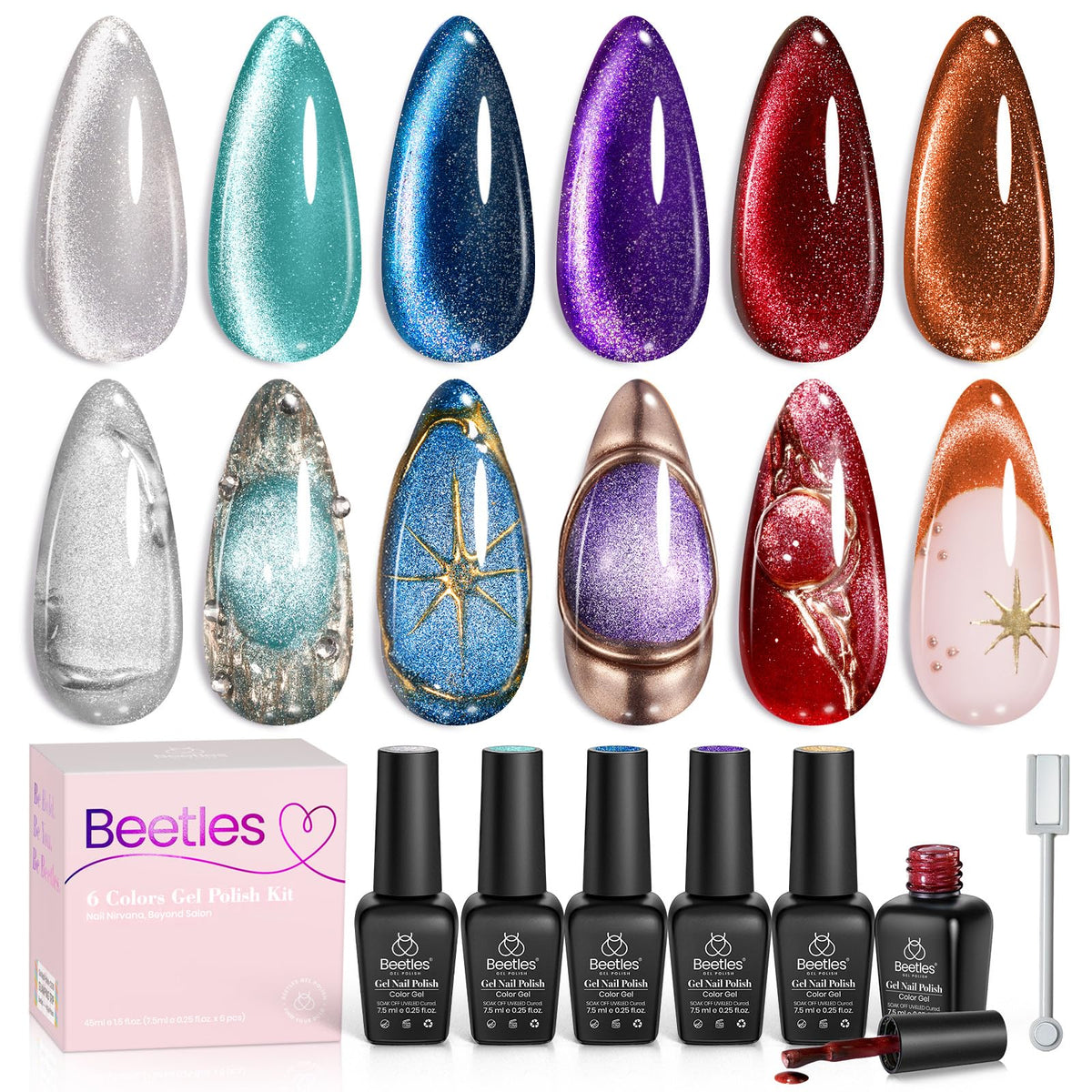 Beetles Halloween Cat Eye Gel Nail Polish Set, 6 Colors Glitter Gel