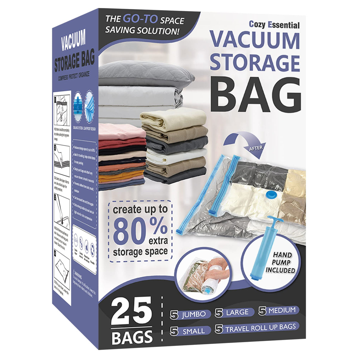 Cozy Essential Vacuum Storage Bags, 80% Compression Vacuum Seal Space Saver Plastic Packaging Bags for Clothes, Blankets, Pillow, Bedding, Comforters, Sealer Clothing Storage,20 Combo