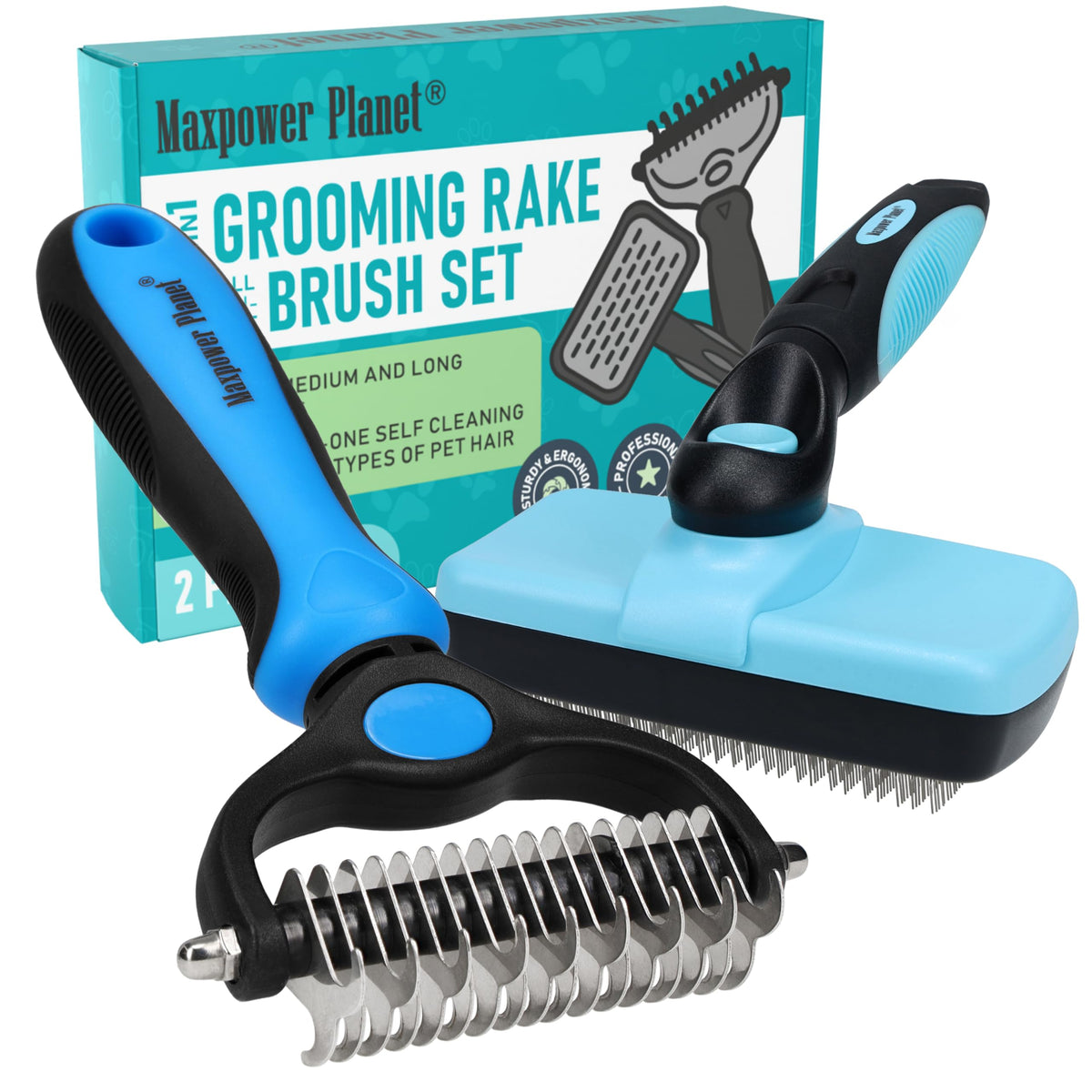 Maxpower Planet Original Pet Grooming Rake - Double-Sided Deshedding Dematting Tool, Undercoat Rake for Dogs & Cats, Extra-Wide Dog Grooming Brush & Deshedder Comb for Long Hair, Reduces Shedding 95%