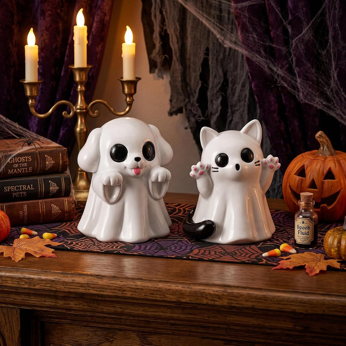 2Pcs Halloween Dog Cat Ghost Resin Figurines Statues Cute Spooky