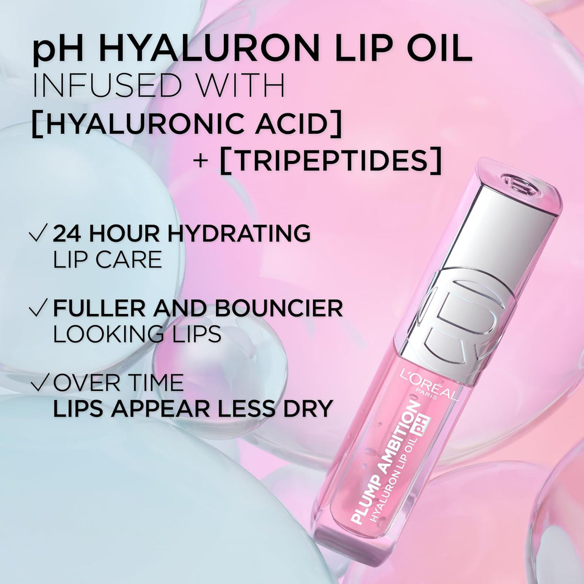 L'Oreal Paris Plump Ambition pH Hyaluron Lip Oil, Color Shifting Lip Tint with 24HR Hydration, Volumizing Shine and Lasting Color, 010 pH Cristal Ice
