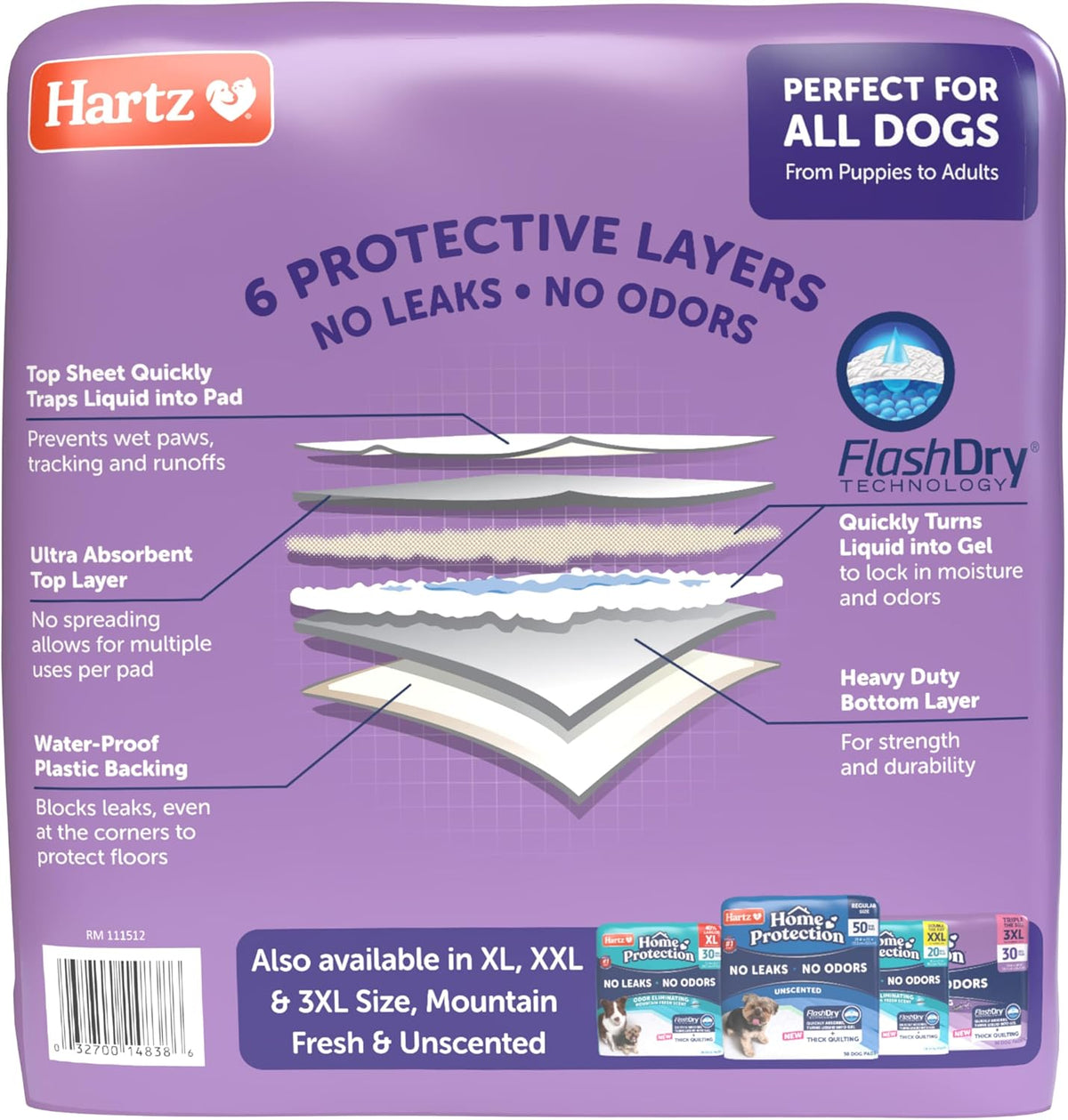 Hartz Home Protection Super Absorbent Odor Eliminating Lavender Scented No Leak Dog Pads, 50 count