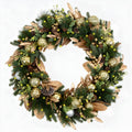 Hykolity 28 Inch Pre-Lit Botanical Christmas Wreath with 50 Warm White LEDs and Timer, Battery Operated Artificial PE & PVC Wreath with Ornaments, Pinecones and Layered Gold Leaves for Front Door
