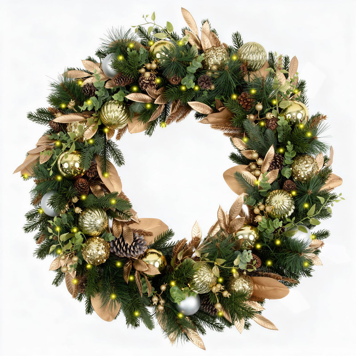 Hykolity 28 Inch Pre-Lit Botanical Christmas Wreath with 50 Warm White LEDs and Timer, Battery Operated Artificial PE & PVC Wreath with Ornaments, Pinecones and Layered Gold Leaves for Front Door