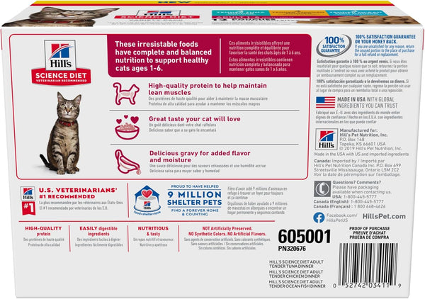 Hill's Science Diet Adult 1-6 Wet Cat Food Variety Pack, Chicken, Tuna, & Ocean Fish, 2.8 oz. Pouches, 12-Pack