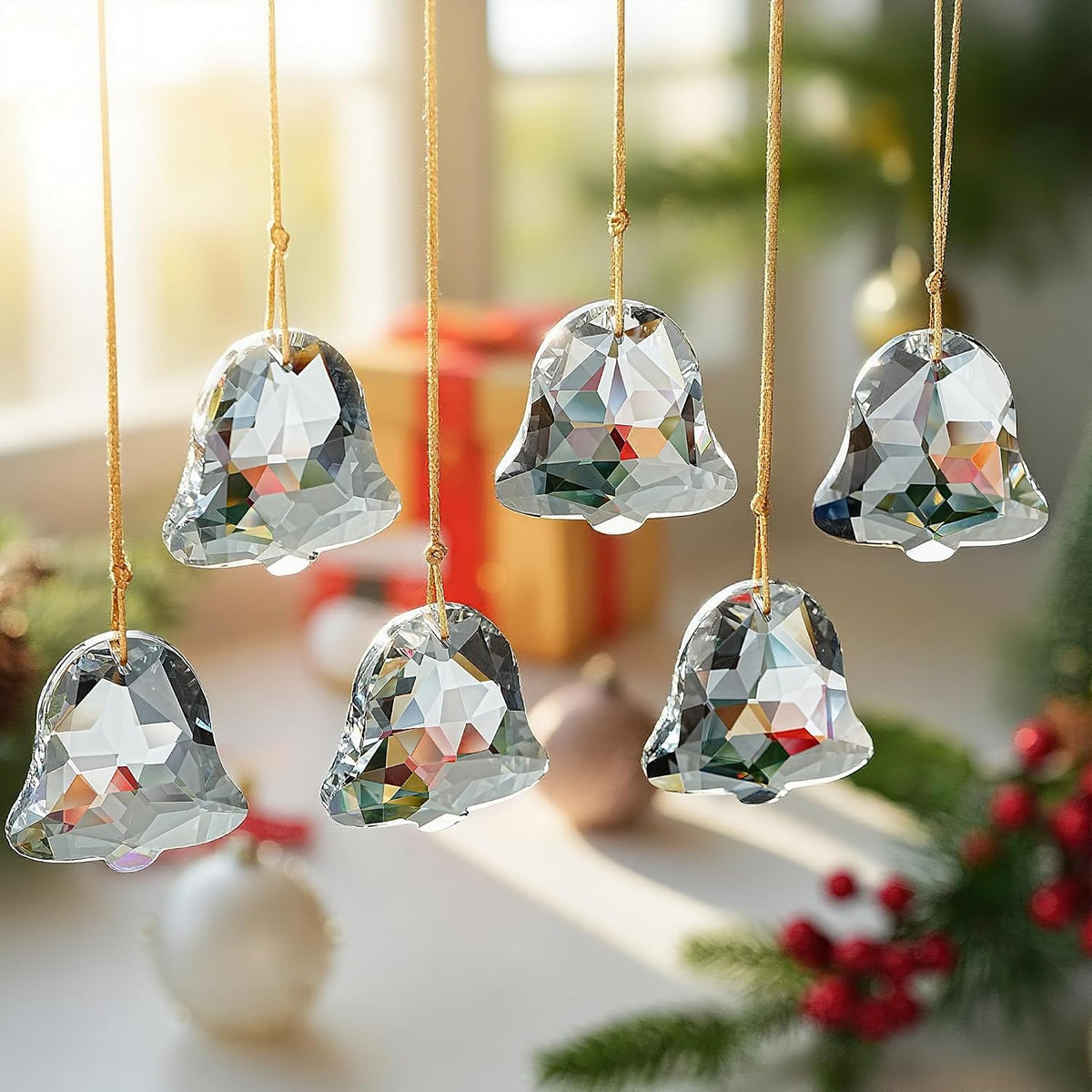 6 Pcs 2 Inch Faceted Crystal Bell Christmas Tree Hanging Ornament
